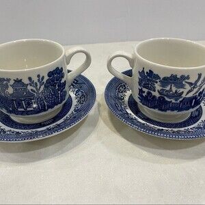 4 pc Cup & Saucer Set Blue Willow By Churchill Vintage & Stamped CC